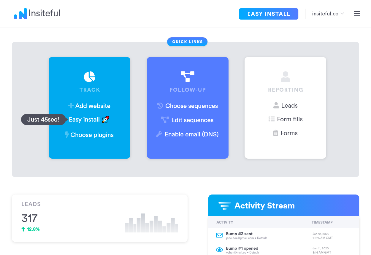 Updated dashboard UX | Insiteful: solve lead abandonment