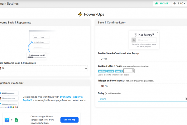 Form Optimization Powerups - Domain Settings Page - Insiteful Dashboard (Preview) Help Center - Knowledgebase | Insiteful