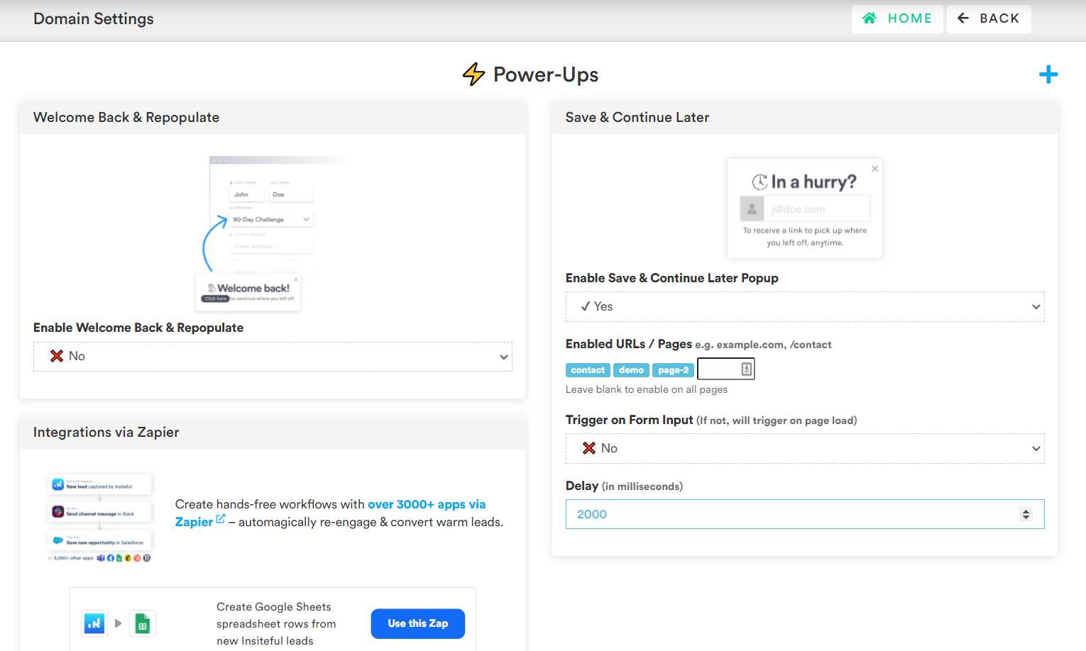 Form Optimization Powerups - Domain Settings Page - Insiteful Dashboard (Preview) Help Center - Knowledgebase | Insiteful