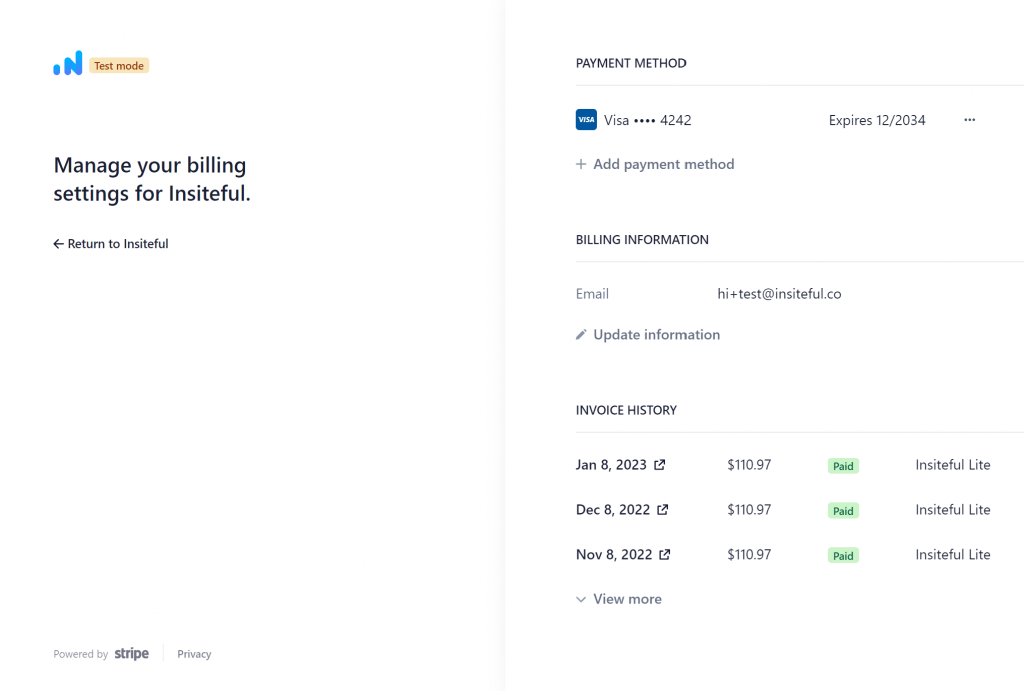 Manage billing settings via Insiteful's Customer Portal (powered by Stripe)