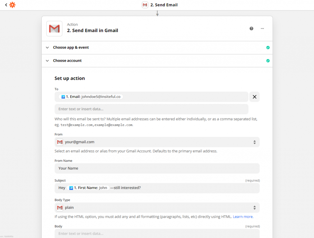 Send auto follow-up from Gmail to abandoned form leads detected by Insiteful (Zapier) - Success
